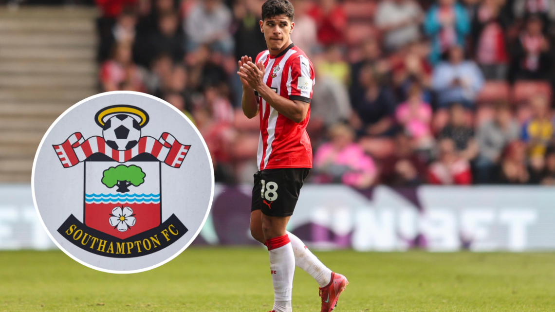 Mateus Fernandesof Southampton during the Premier League match between Southampton FC and Fulham FC. Inset, The official Southampton club badge on ...