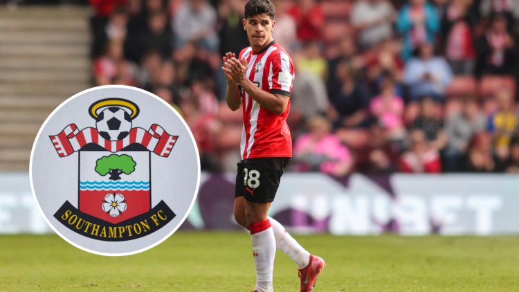 Mateus Fernandesof Southampton during the Premier League match between Southampton FC and Fulham FC. Inset, The official Southampton club badge on ...