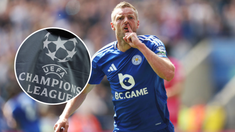 Jamie Vardy of Leicester City celebrates scoring his team's first goal which marks his 200th goal for Leicester City during the Premier League. Ins...