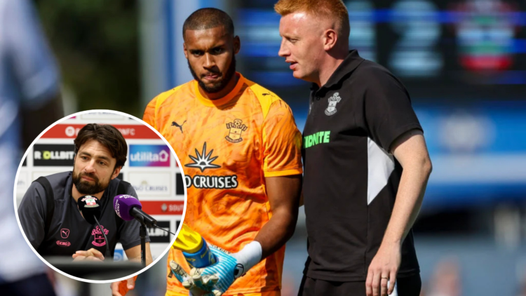 Head Coach Will Still with Gavin Bazunu of Southampton after their sides 2-1 win during the pre-season friendly match between Eastleigh and Southam...