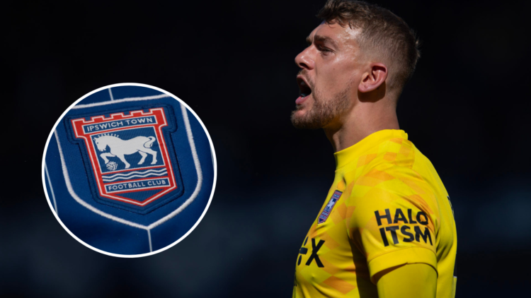 Ipswich Town goalkeeper Alex Palmer during the Premier League match between Everton FC and Ipswich Town FC. Inset, A detailed view of a Ipswich Tow...