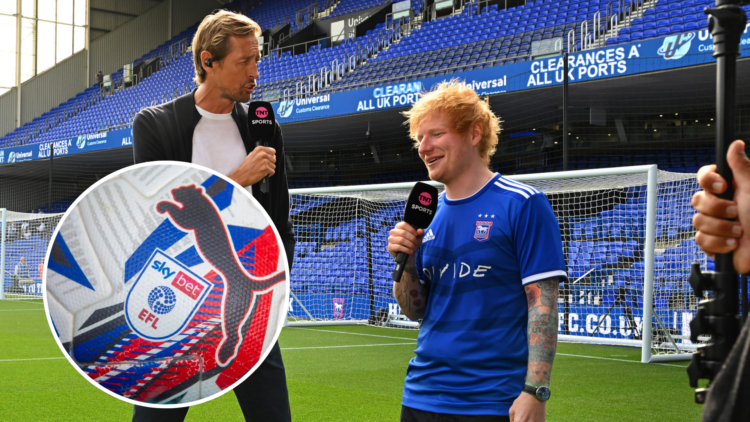 (THE SUN OUT, THE SUN ON SUNDAY OUT) Ex Liverpool player Peter Crouch interviews Ed Sheeran before the Premier League match between Ipswich Town FC...