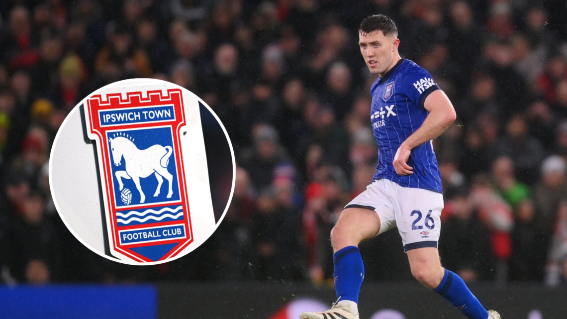 Ipswich Town's Dara O'Shea in action during the Premier League match between Manchester United FC and Ipswich Town FC. Inset, A view of the Ipswich...