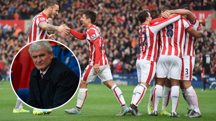 Stoke City's Spanish striker Bojan Krkic (2nd L) celebrates with Stoke City's Austrian striker Marko Arnautovic (L) and teammates after scoring the...
