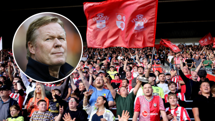 Southampton fans celebrate their second goal during the Premier League match between Southampton FC and Leicester City FC. Inset, Netherlands coach...