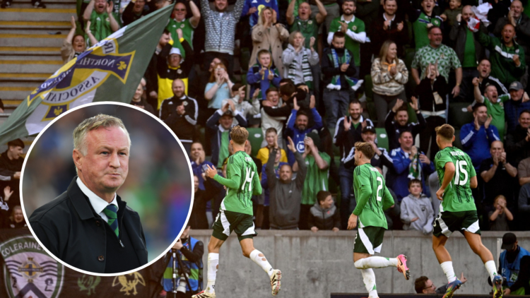 Isaac Price of Northern Ireland celebrates after scoring his side's first goal during the International Friendly match between Northern Ireland and...