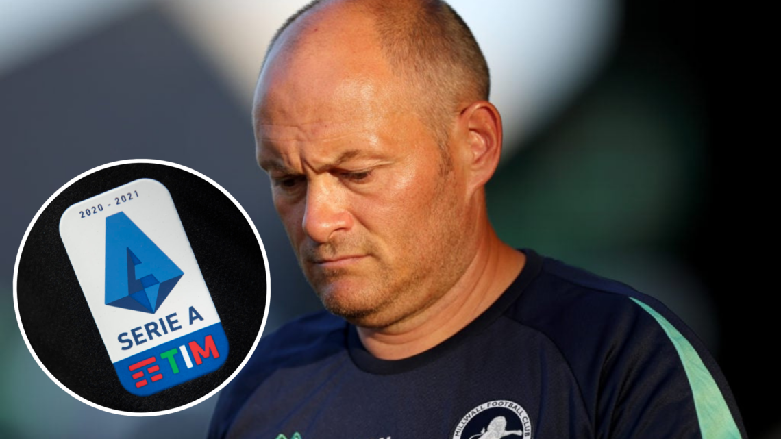 Alex Neil, Manager of Millwall, looks on prior to the Carabao Cup first round match between Newport County and Millwall. Inset, The Serie A logo on...