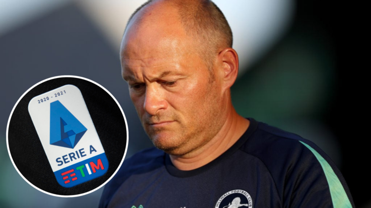 Alex Neil, Manager of Millwall, looks on prior to the Carabao Cup first round match between Newport County and Millwall. Inset, The Serie A logo on...