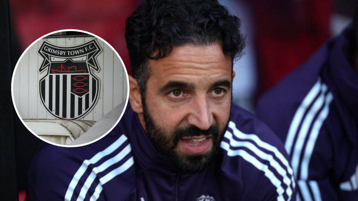 Ruben Amorim, Manager of Manchester United looks on prior to the Carabao Cup Second Round match between Grimsby Town and Manchester United. Inset, ...