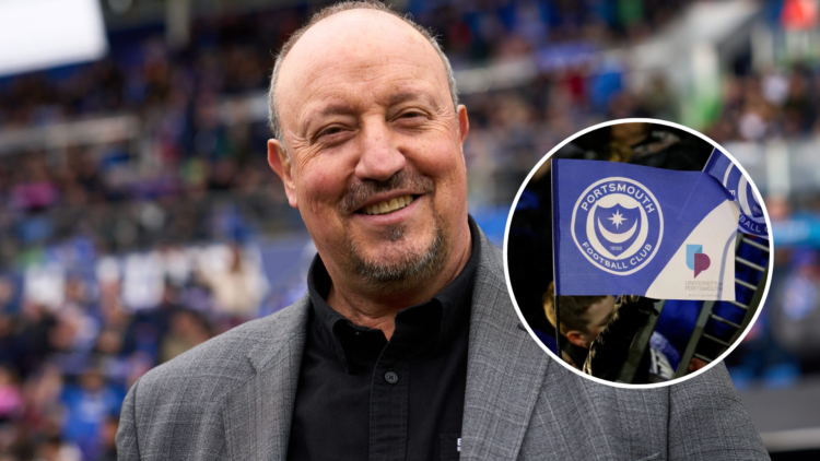 Head coach Rafa Benitez of RC Celta looks on prior to the LaLiga EA Sports match between Getafe CF and Celta Vigo. Inset, Portsmouth fans are pictu...