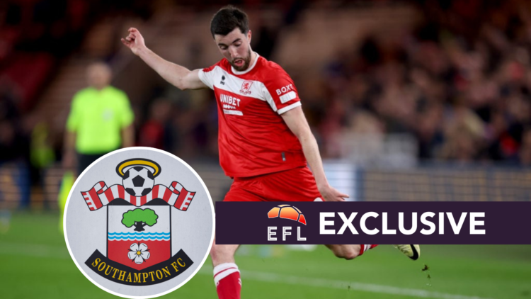 Finn Azaz of Middlesbrough in action during the Sky Bet Championship match between Middlesbrough FC and Leeds United FC. Inset, The official Southa...