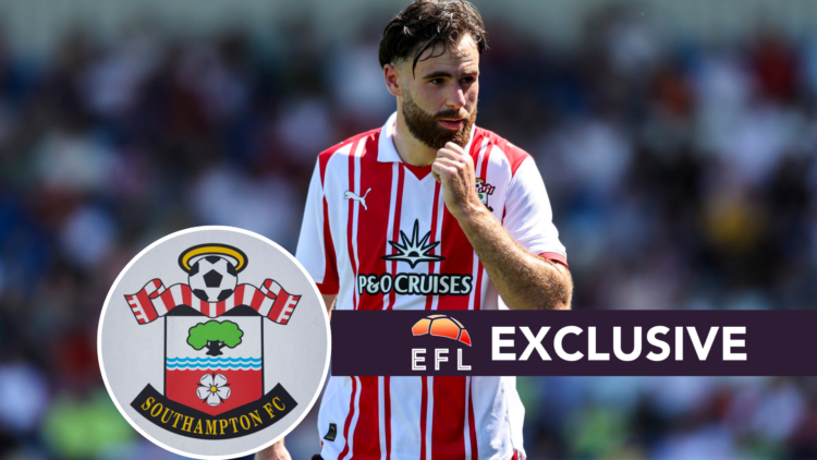 Ben Brereton Diaz of Southampton during the pre-season friendly match between Eastleigh and Southampton. Inset, The official Southampton club badge...