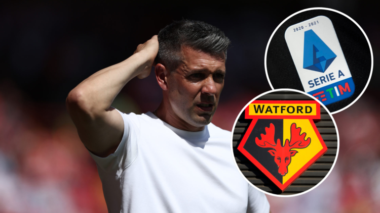 Paulo Pezzolano, Manager of Watford, reacts during the Sky Bet Championship match between Charlton Athletic and Watford. Inset, Watford club badge ...