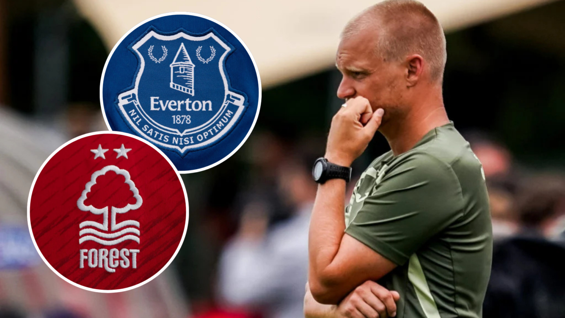 Norwich City head coach Liam Manning looks on during the Pre-Season Friendly match between Norwich City and Olympiacos. Inset, Everton FC club badg...