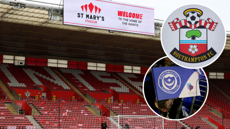 A general view ahead of the Sky Bet Championship match between Southampton and Wrexham AFC at St Mary's Stadium. Inset, The official Southampton cl...