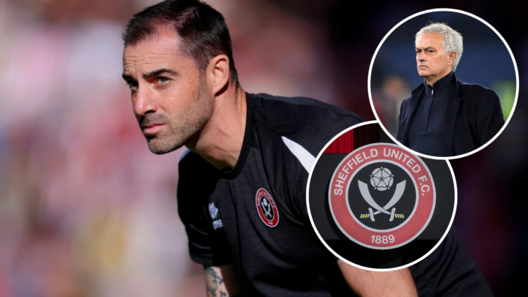 Ruben Selles, Manager of Sheffield United, looks on during the Sky Bet Championship match between Sheffield United and Bristol City. Inset, Jose Mo...