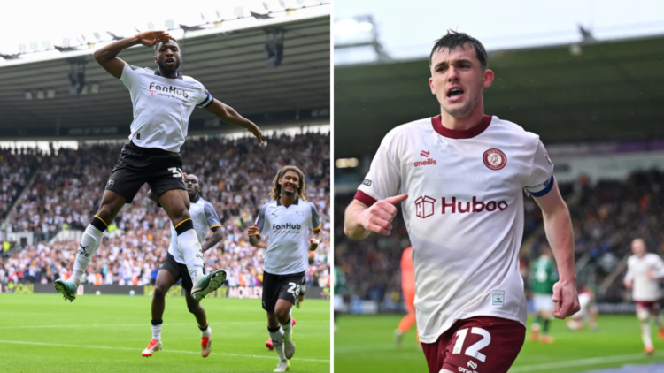 Left, Ebou Adams of Derby County celebrates after scoring a goal to make it 3-2 during the Sky Bet Championship match between Derby County and Cove...