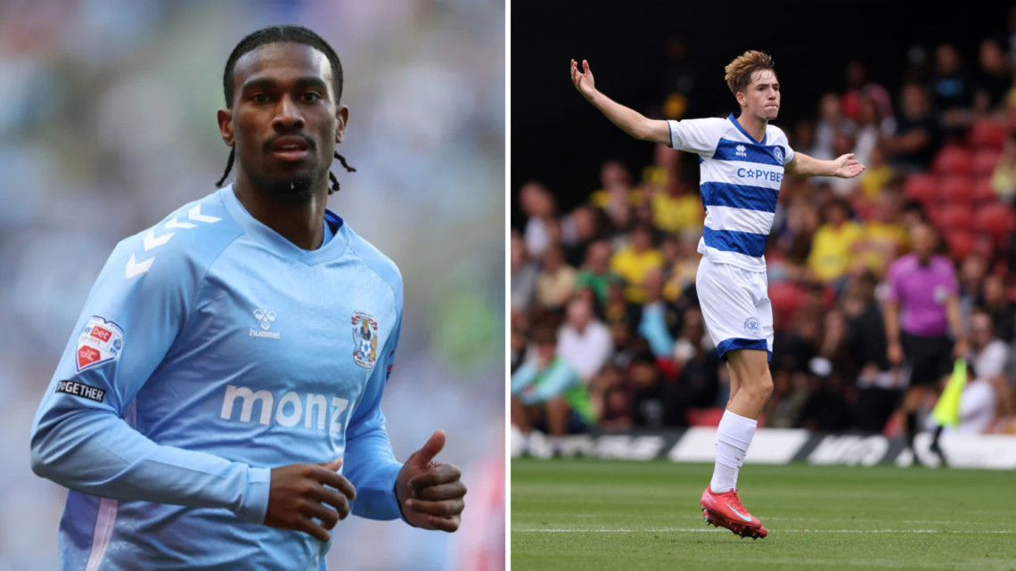 Left, Haji Wright of Coventry City during the Sky Bet Championship Play-Off Semi Final First Leg match between Coventry City and AFC Sunderland. Ri...