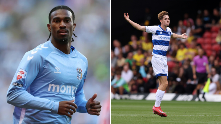 Left, Haji Wright of Coventry City during the Sky Bet Championship Play-Off Semi Final First Leg match between Coventry City and AFC Sunderland. Ri...