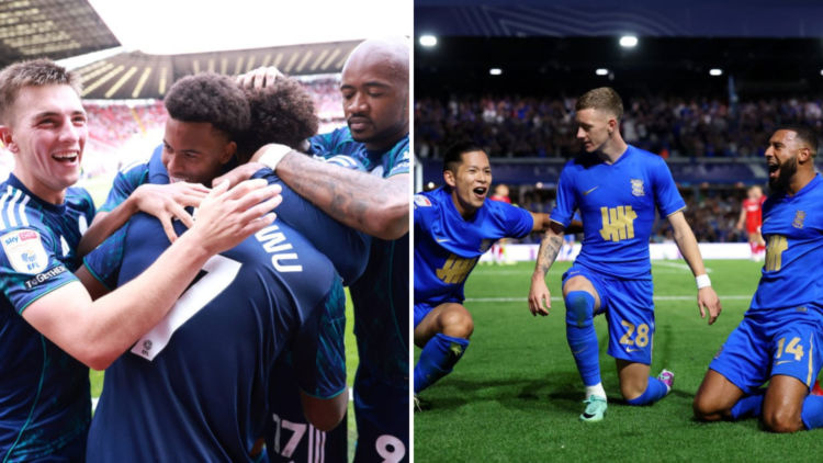 Left, Abdul Fatawu Leicester City celebrates with Luke Thomas of Leicester City, Louis Page of Leicester City and Jordan Ayew of Leicester City aft...