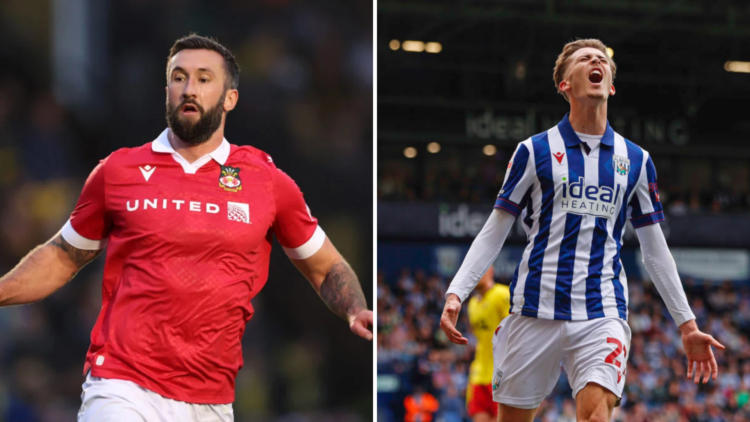Left, Ollie Palmer of Wrexham looks on during the Emirates FA Cup First Round match between Harrogate Town and Wrexham AFC. Right, Isaac Price of W...
