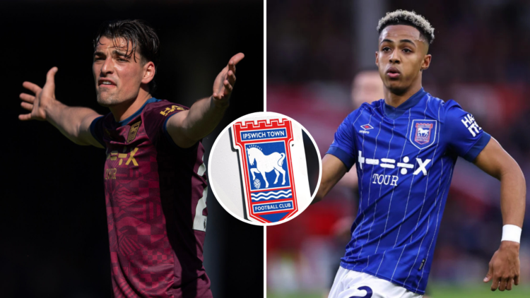 Left, Jacob Greaves of Ipswich Town during the Premier League match between Everton FC and Ipswich Town FC at Goodison Park. Right, Omari Hutchinso...