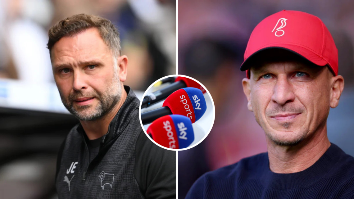 Derby County manager, John Eustace, during the Sky Bet Championship match between Derby County and Coventry City (L). Gerhard Struber during Sheffi...