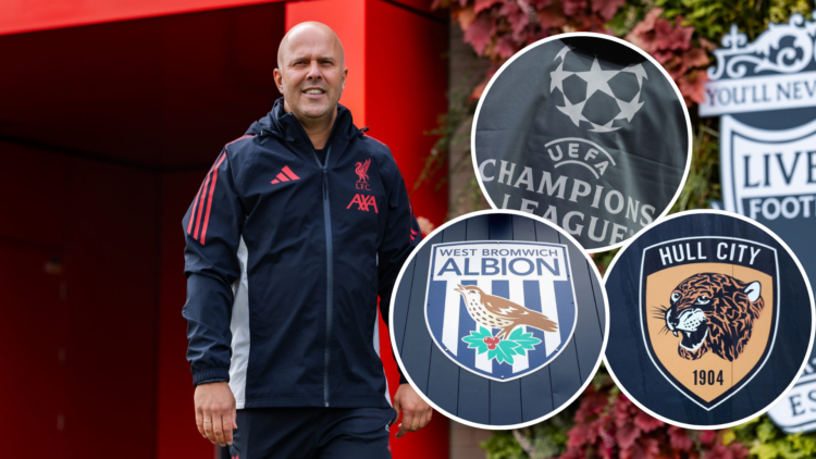 Arne Slot, head coach of Liverpool during a training session at AXA Training Centre on August 07, 2025 in Kirkby, England. Inset, The West Bromwich...