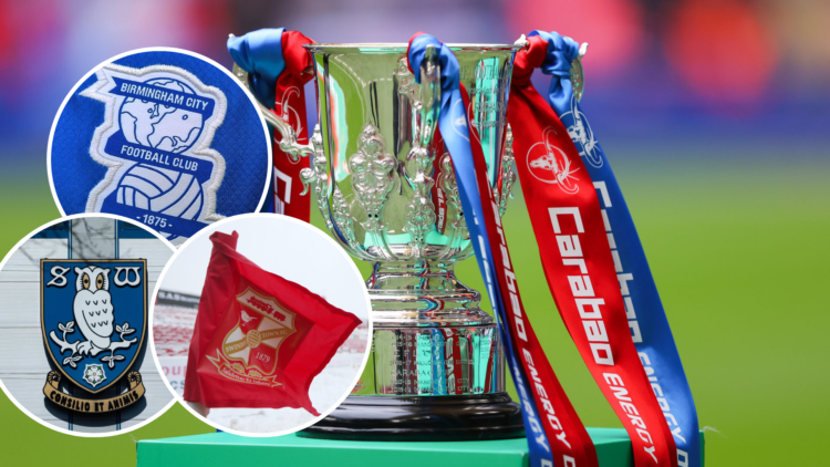 The Carabao Cup trophy is seen during the Carabao Cup Final match between Chelsea and Liverpool at Wembley Stadium. Inset, A detailed view of a Bir...
