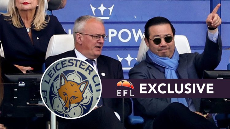 Aiyawatt Srivaddhanaprabha (R) with Jon Rudkin, Director of Football at Leicester City (L) speak during Leicester City vs Liverpool, an inset of th...