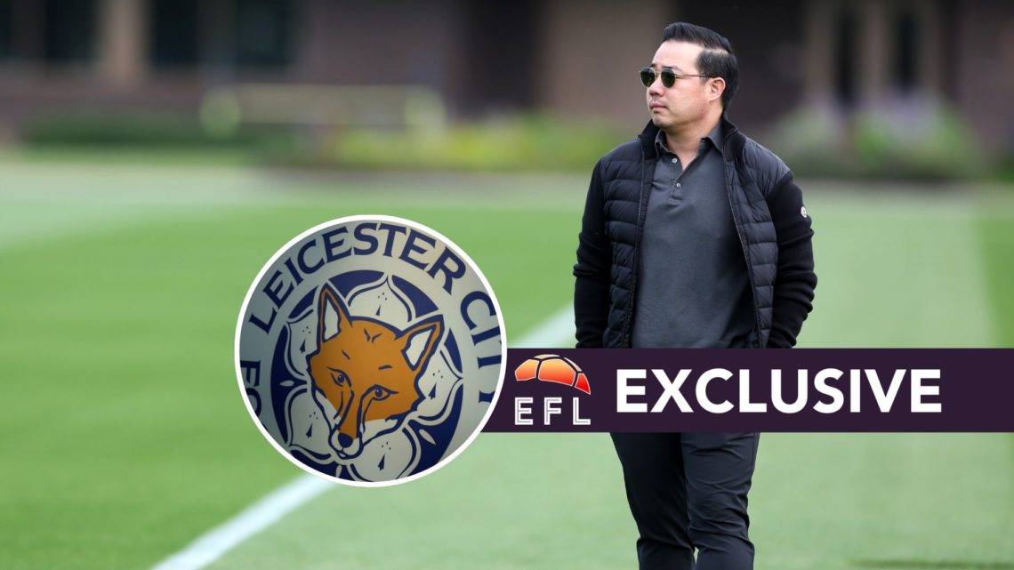 Chairman Aiyawatt Srivaddhanaprabha of Leicester City watches a training session at the Seagrave training centre, an inset of the Leicester City badge