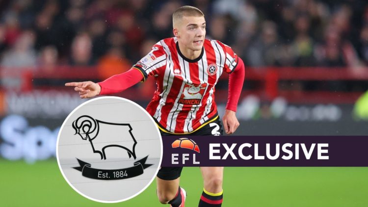 Alfie Gilchrist during Sheffield United clash against Hull City. Inset, Derby County badge. Overlaid, EFL Analysis exclusive banner.