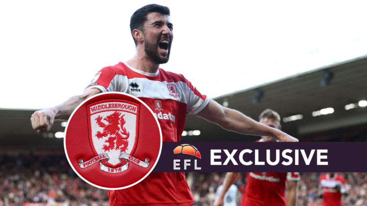 Finn Azaz celebrating for Middlesbrough against Hull City. The Middlesbrough logo on the seats in the dugout during the Premier League match betwee...