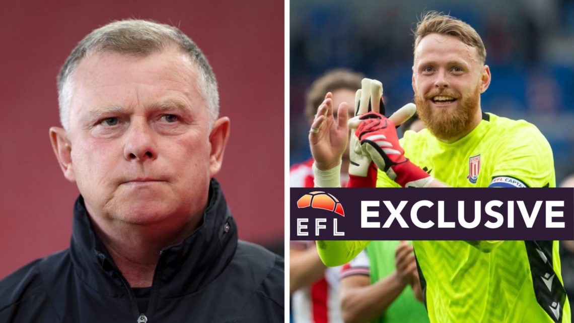 Mark Robins, Manager of Stoke City, looks on (left), Viktor Johansson of Stoke City celebrates (right). Inset: EFL Analysis exclusive logo.