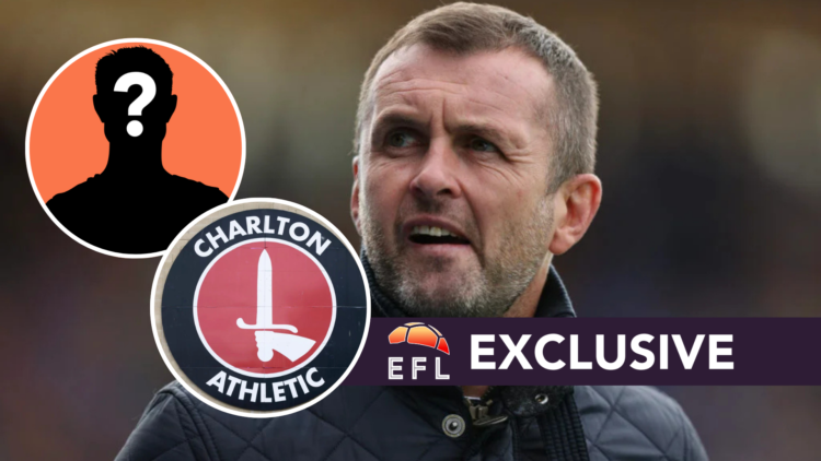 Charlton Athletic FC manager Nathan Jones reacts during a League One game. Inset, the Charlton Athletic FC and a mystery player. Overlaid, the EFL ...