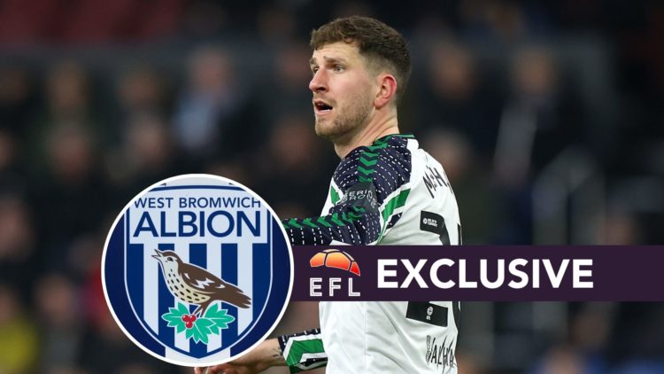 Chris Mepham during Burnley FC v Sunderland AFC - Sky Bet Championship. Inset, West Brom badge. Overlaid, EFL Analysis banner.
