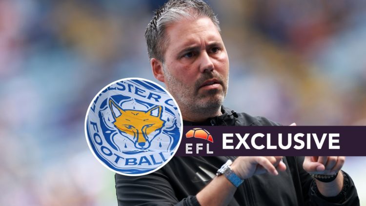 Marti Cifuentes gives his Leicester City players instructions during the pre-season friendly vs Fiorentina, an inset of the Leicester City badge on...