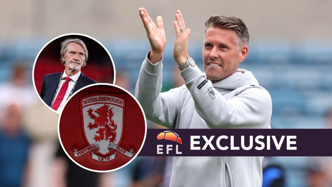 Rob Edwards applauds the Middlesbrough fans after the win against Millwall, an inset of the Middlesbrough badge, an inset of Sir Jim Ratcliffe afte...
