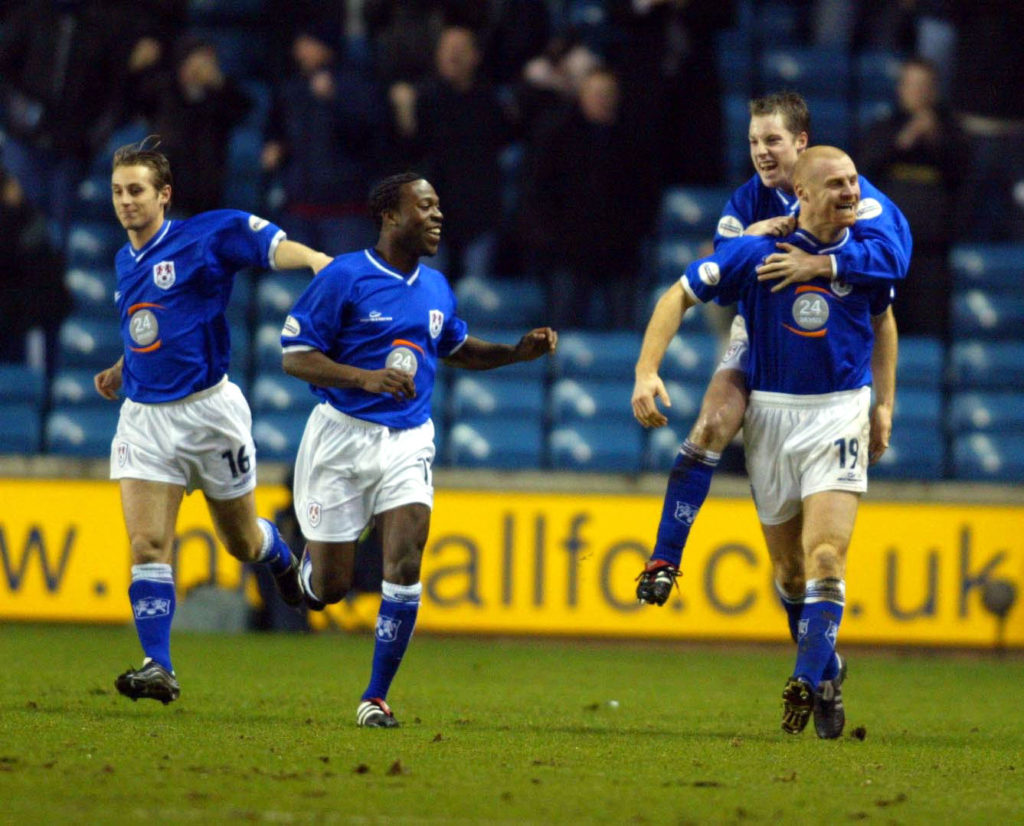 Sean Dyche of Millwall celebrates scoring a goal during the Nationwide League Division One match between Millwall and Birmingham Cit