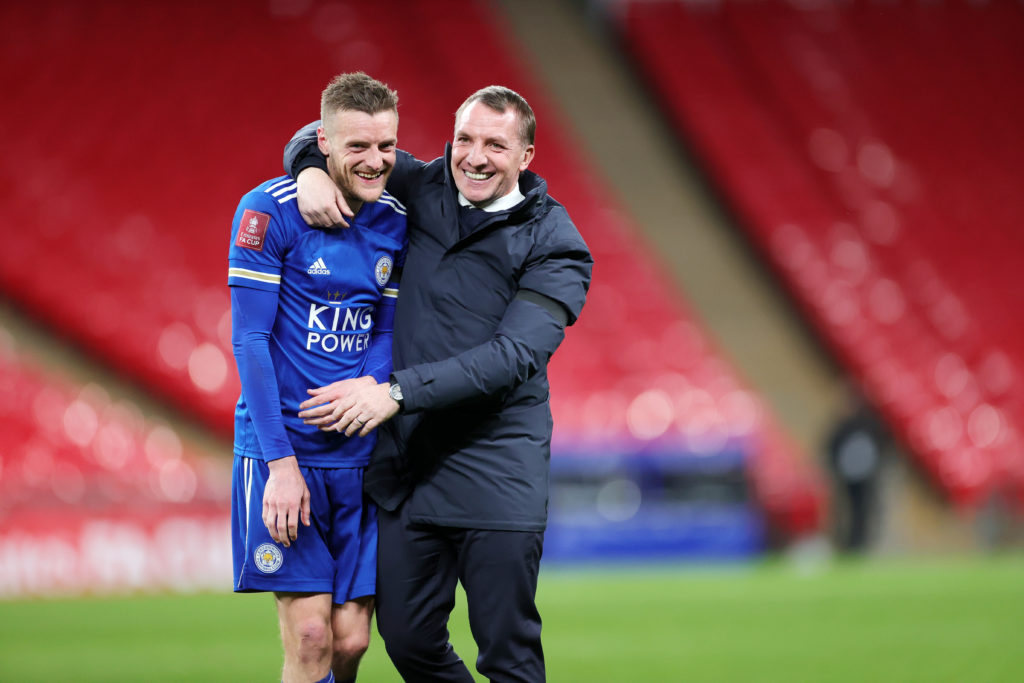 Brendan Rodgers and Jamie Vardy celebrating a FA Cup win