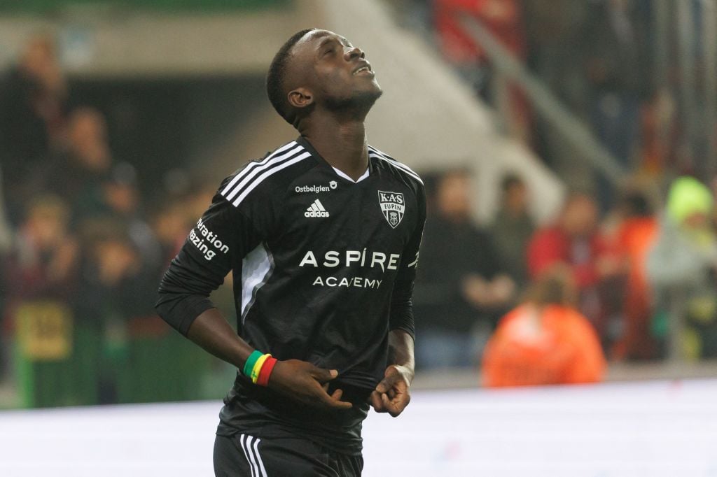Sambou Soumano celebrates after scoring a goal for Eupen