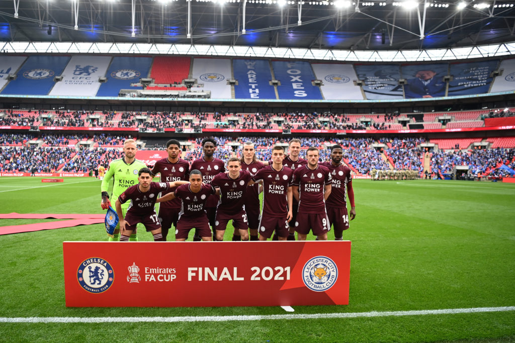 The Leicester City squad pose before the FA Cup final