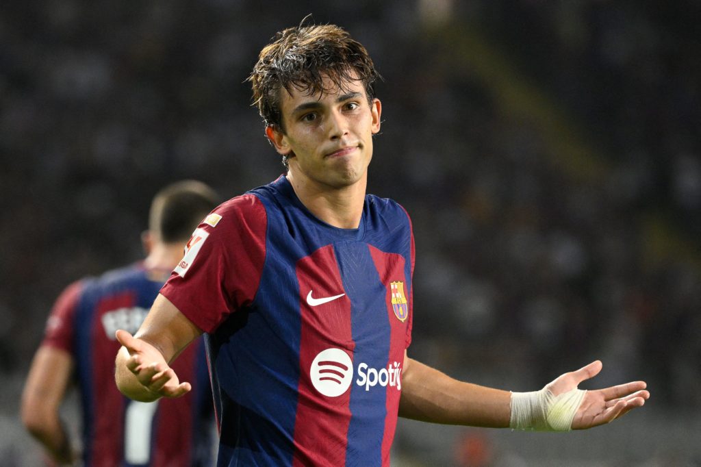 Joao Felix celebrates scoring a goal for Barcelona