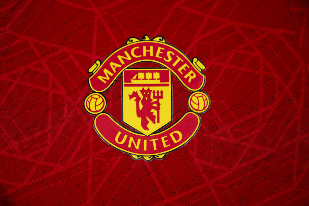 A detailed view of the badge of Manchester United FC