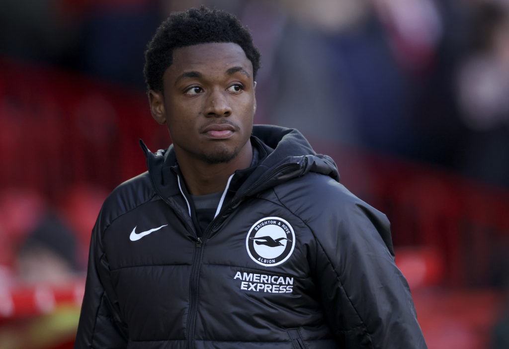 Joshua Duffus of Brighton & Hove Albion warms up before the Premier League match between Nottingham Forest and Brighton & Hove Albion