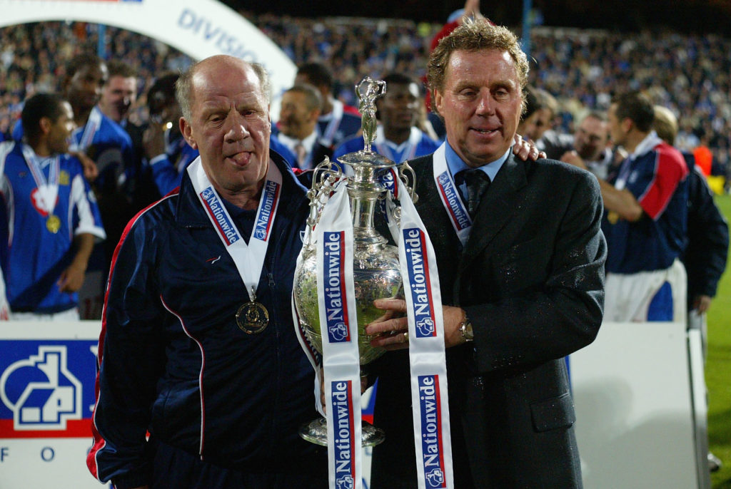 Manager Harry Redknapp and his assistant Jim Smith of Portsmouth celebrate their Championship title