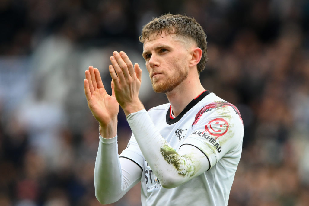 Max Bird of Derby County is applauding his team's supporters during the Sky Bet League 1 match between Derby County and Carlisle United