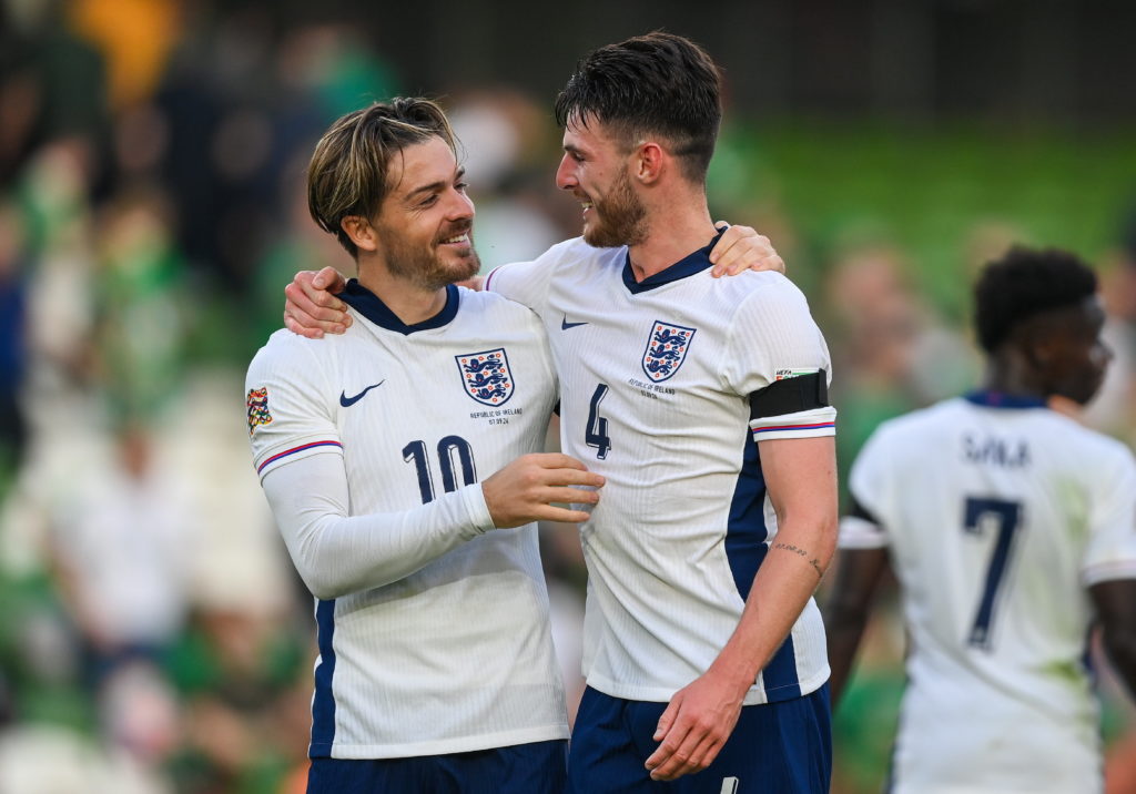 Jack Grealish, left, and Declan Rice of England celebrate after the UEFA Nations League B Group 2 match between Republic of Ireland and England