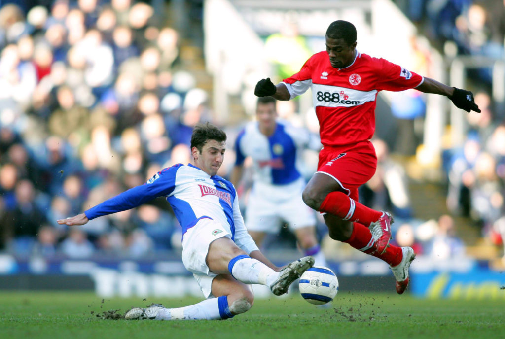 Zurab Khizanishvili of Blackburn Rovers and George Boateng of Middlesbrough challenge during the Premier League match between Blackburn Rovers and Middlesbrough