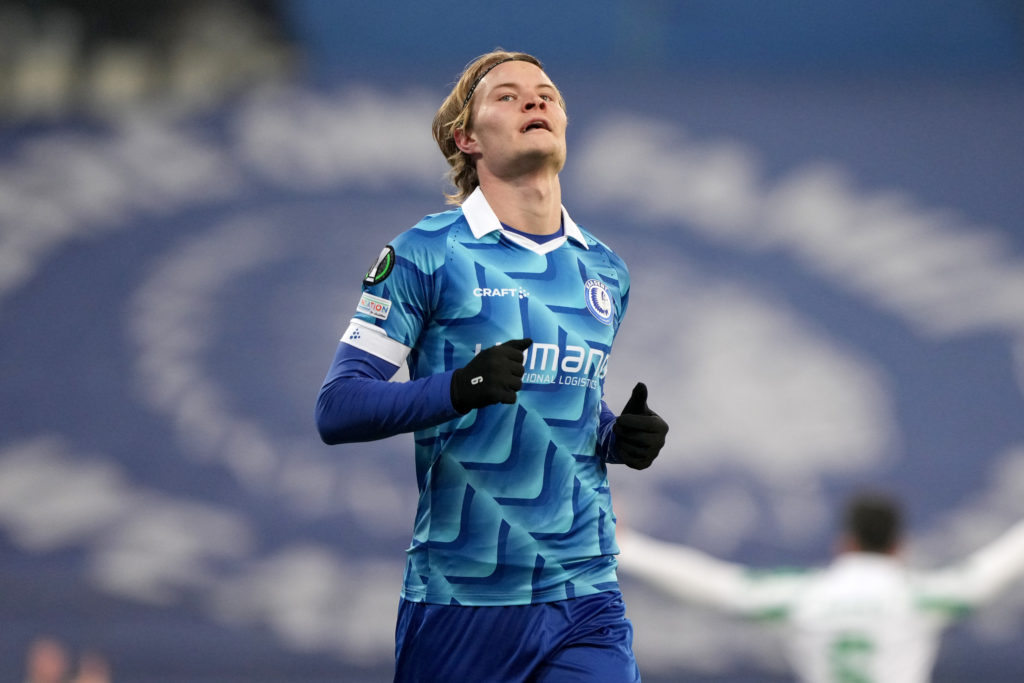 Andri Guðjohnsen #9 of KAA Gent reacts after being called offside on a shot at goal in the first half of the UEFA Europa Conference League 2024/25 League Knockout Play-off First Leg match between KAA Gent and Real Betis Balompie